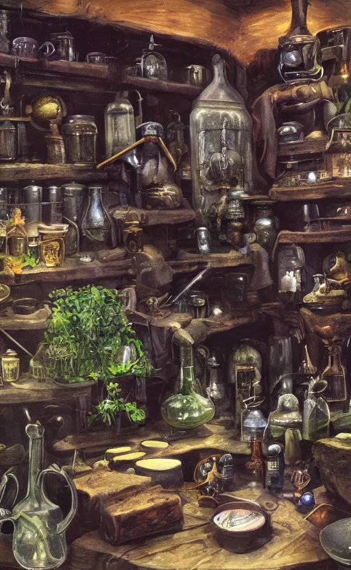 Prompt: potions Wizarding workshop, black cauldron boiling, herbs, potions in bottles, toad, matte painting, oil on canvas