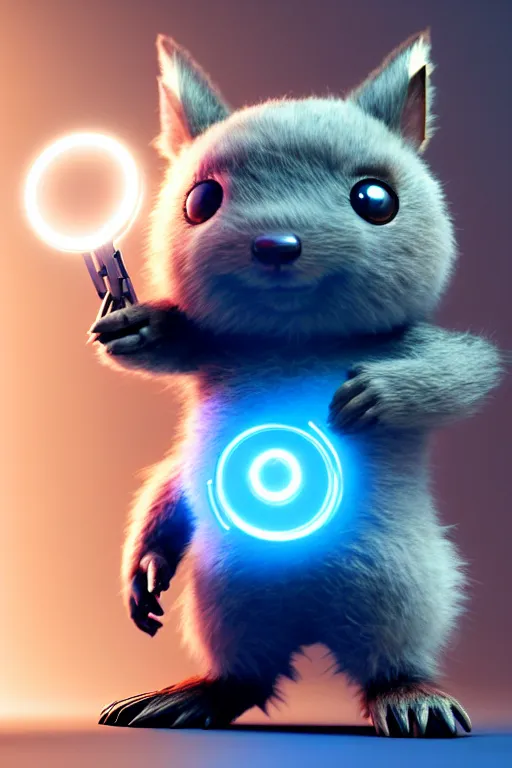 Image similar to high quality 3 d render sci - fi very cute fluffy! wombat!! cyborg soldier with futuristic mechanical legs, cyberpunk monocle!, highly detailed, unreal engine cinematic smooth, in the style of detective pikachu, hannah yata charlie immer, dark blue neon light, low angle, uhd 8 k, sharp focus
