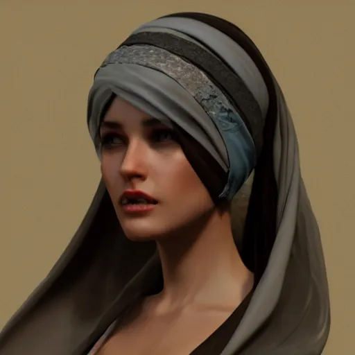 Image similar to a woman wearing a head piece and a scarf, concept art by abdullah gerguri, cgsociety contest winner, serial art, daz 3 d, artstation hd, physically based rendering