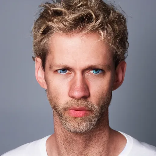 Image similar to full face color photograph of a 40 year old very handsome skinny white man with short, curly, light blond hair and very small slanted blue eyes, dressed in a white t shirt, gray shorts and black socks, with a small mole to the right of his very thin lips, with a straight nose and blond stubble on his round face, and an earring in the left ear. His small eyes, blond hair and manly features make him look like a lion.