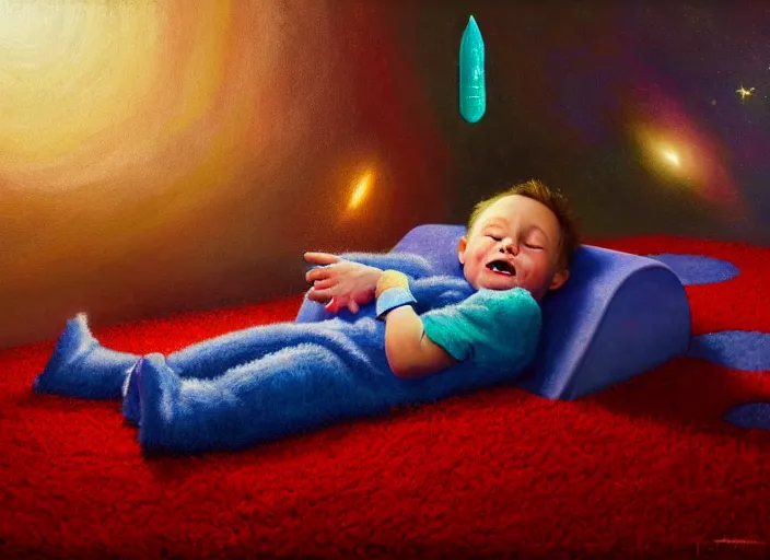 Image similar to toddler elon musk lying on a shaggy rug playing with his space rockets, realistic oil painting, beautiful soft lighting, istvan sandorfi