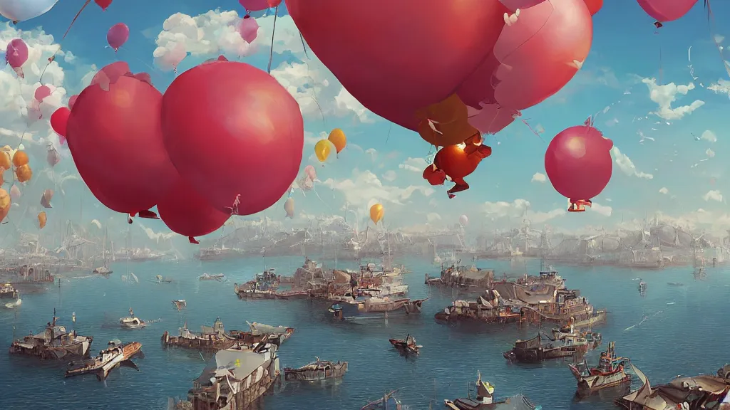 Image similar to a lot of birthday balloons floating above a beautiful maritime port. digital art. artstation cgsociety masterpiece