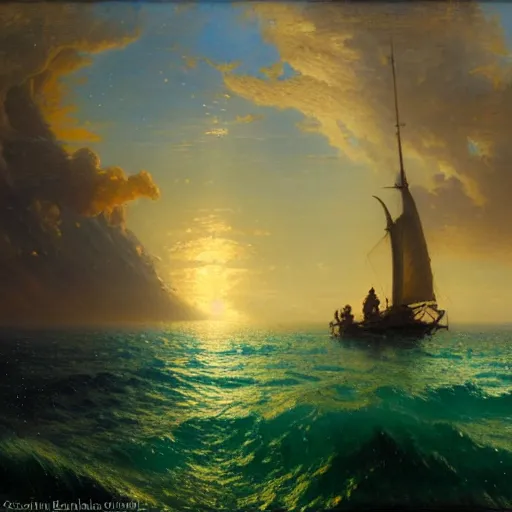 Image similar to point of view of deep in the ocean looking up, you see fishes, higher up you see very clearly the milk way illuminating the sea down bellow, night time. highly detailed painting by gaston bussiere, greg rutkowski 8 k