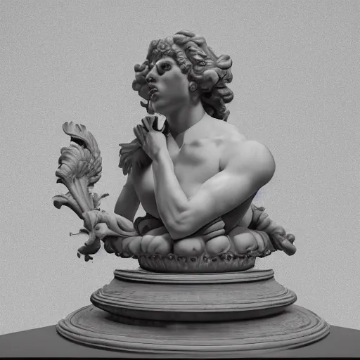 Prompt: baroque rococo vaporwave statue, trending on art station, 4k UHD, 8k, painting illustration, high detail, rendered in unreal engine, 3d render, god rays, volumetric lighting, award winning, photorealistic