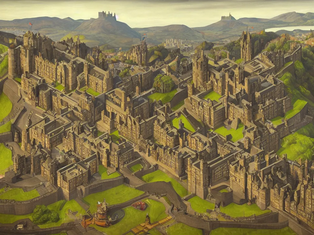 Image similar to A detailed oil painting of Edinburgh, castle, park, in the style of Michiel Schrijver, M.C. Escher surreal, isometric