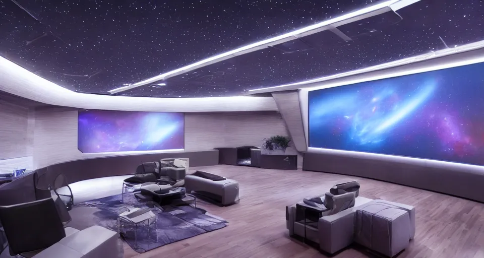 Image similar to Film still of the bridge of a space ship, stars and nebula outside, huge viewscreen at front, control panels, dark walnut wood effect, pot plants, organic, white leather, high end interior, soft warm light, purple highlights, simple ceiling, soft edges, calm feeling, Cinestill colour cinematography, anamorphic, detailed, 4k, 8k, intricate, digital art, matte painting