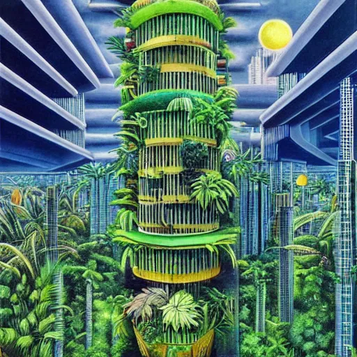 Prompt: a solar punk lush giant plants city, modern architecture by ricardo bofill, city of the jungle, by enrich, victorenrich, galactic nebula, surrealist oil painting