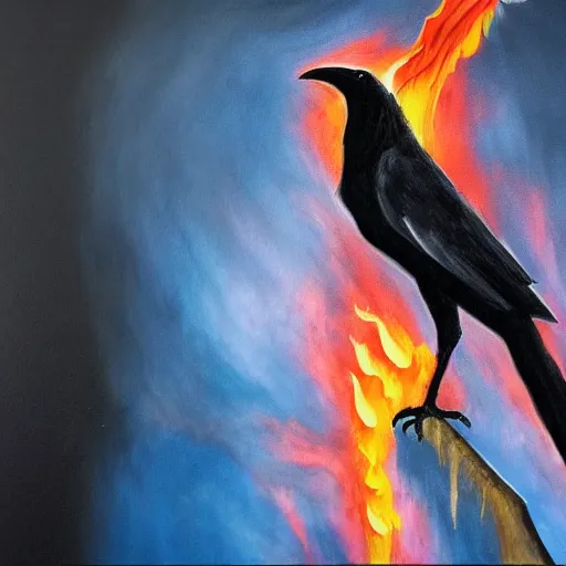 Image similar to a crow completely on fire, in a dark cave, detailed acrylic painting, 4 k