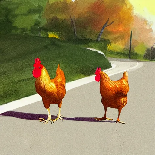 Image similar to two chickens racing across the road, illustration, artstation, vivid colors,