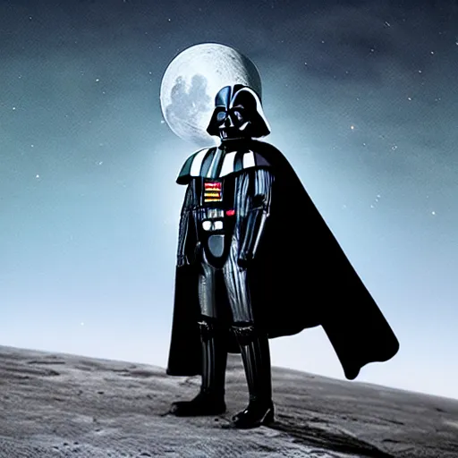 Image similar to darth vader standing on the moon looking at the sky