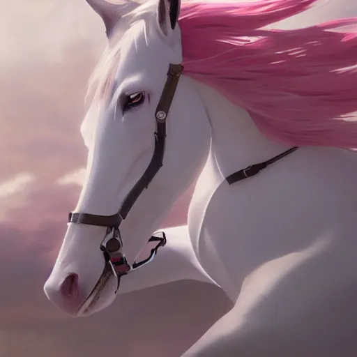 Prompt: a white horse as the pink power ranger in the style of makoto shinkai zhaoming wu, john collier, albert aublet, cedric peyravernay. sharp focus, semi - realism, intricate detail. unreal engine, octane rendering