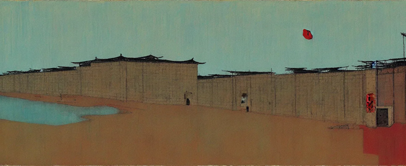 Image similar to a chinese prison near a river by peter doig, muted colors