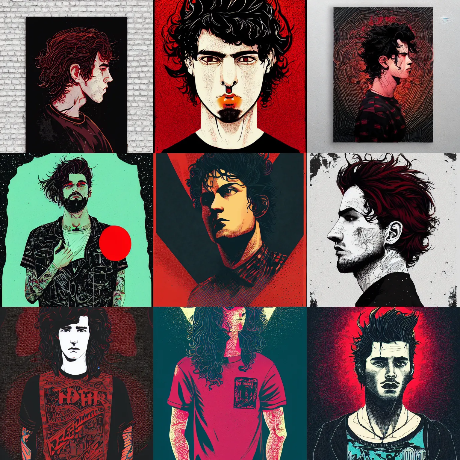 Prompt: black red stylized pretty young man with long curly dark hair and punk rock shirt portrait, grunge art, dan mumford, victo ngai, alena aenami