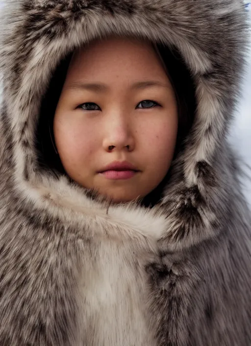 Image similar to closeup portrait of an eskimo girl, depth of field, zeiss lens, detailed, symmetrical, centered, fashion photoshoot, by Annie Leibovitz and Steve McCurry, David Lazar, Jimmy Nelsson, Breathtaking, 8k resolution, extremely detailed, beautiful, establishing shot, artistic, hyperrealistic, beautiful face, octane render