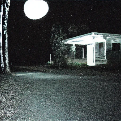 Prompt: terrifying creature on a suburban street at night, grainy color photograph 35mm