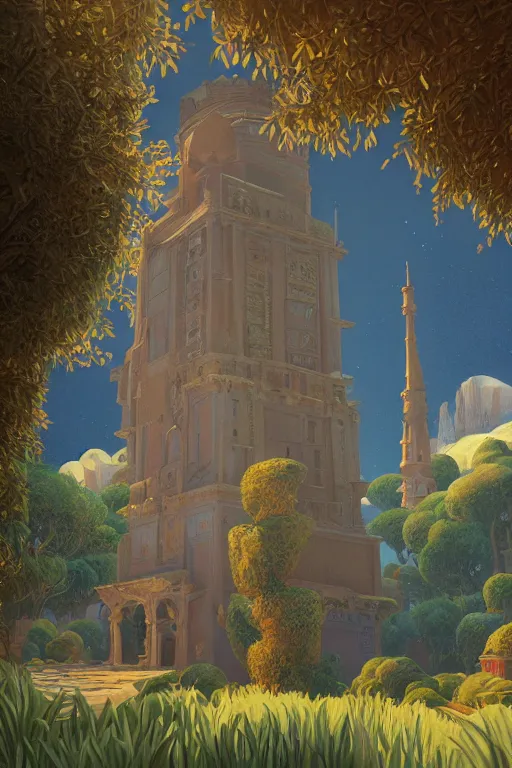 Image similar to distance view of the painted tower of the moon in its gardens fairytale illustration, tall windows, beautiful moorish tiles, dramatic cinematic lighting, rich colors, golden age illustration, by Sylvain Sarrailh and Nicholas Roerich and jean delville and Tyler Edlin and William Dyce, unreal engine