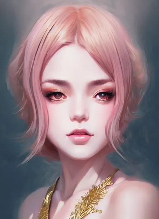 Image similar to dreamlike luxury stunning gangster girl portrait, pale pink and gold kimono, art by artgerm, wlop, loish, ilya kuvshinov, 8 k realistic, hyperdetailed, beautiful lighting, detailed background, depth of field, symmetrical face, frostbite 3 engine, cryengine,