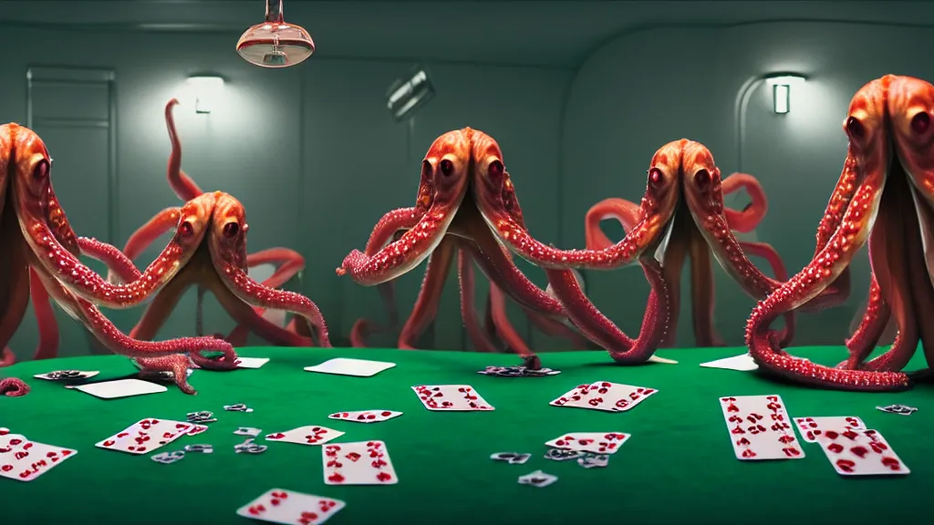 Image similar to hyperrealism simulation highly detailed human octopuses'wearing transparent jackets, playing poker in surreal scene from art house movie from future by wes anderson rendered blender and octane render