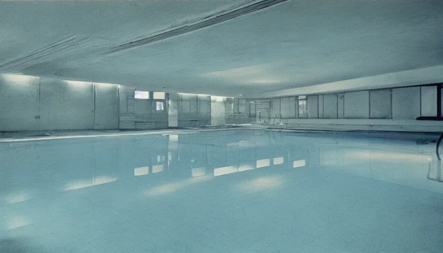 Image similar to 1 9 6 0 s movie still of an empty light yellow tiles swimmingpool, low quality, liminal space style