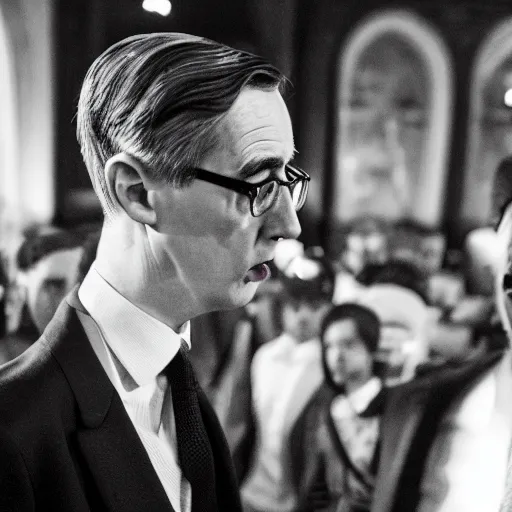 Image similar to hyperrealistic photography of jacob rees-mogg lost and confused in a rave with michael gove, wide angle, 28mm, dramatic disco lighting