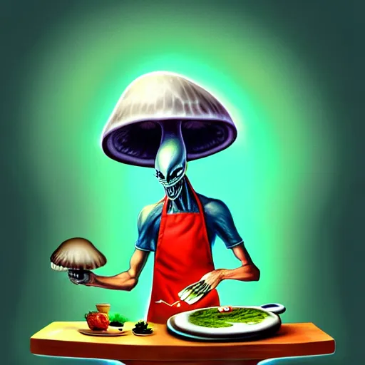 Image similar to alien mushroom chef cooking a meal, fantasy illustration, detailed digital painting, trending on artstation