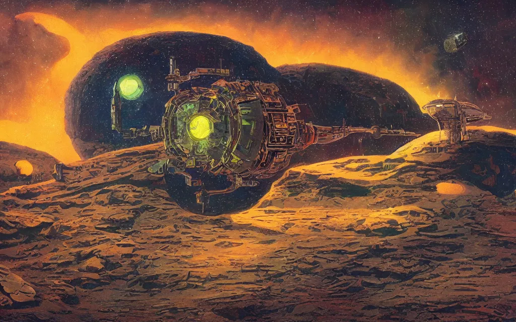 Image similar to artwork in the style of finnian macmanus and in the style of chesley bonestell.