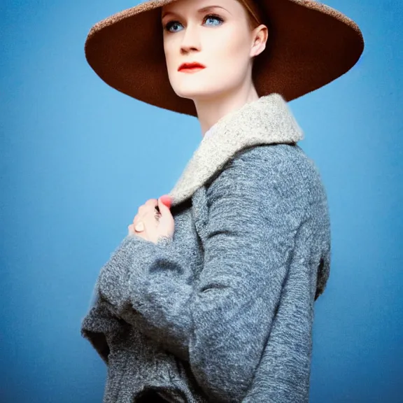 Image similar to portrait evan rachel wood angle 9 0 ° centred looking away breading fresh air, caracter with brown hat, background soft blue