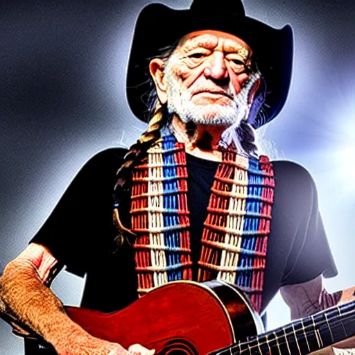 Image similar to willie nelson on stage, holding guitar. four fingers. god rays through fog.