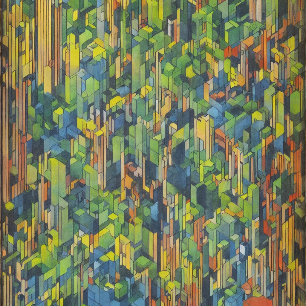 Image similar to isometric artdeco waterfall forest by frank lloyd wright, isometric, painted by piet mondrian