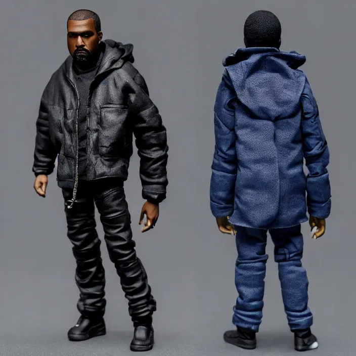 Image similar to a action figure of kanye west using a full face covering black mask, a small, tight, undersized reflective bright blue round puffer jacket made of nylon, dark jeans pants and big black balenciaga rubber boots, figurine, detailed product photo