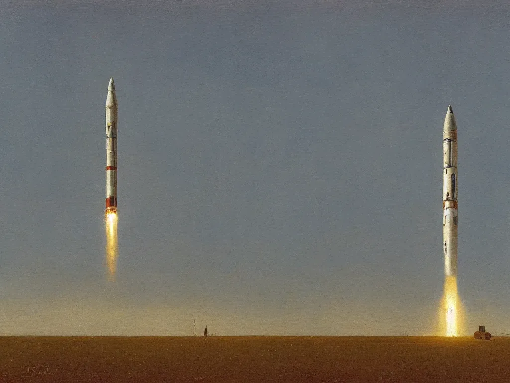 Image similar to a _ painting _ of _ a _ scifi _ rocket _ by _ peter _ ilsted