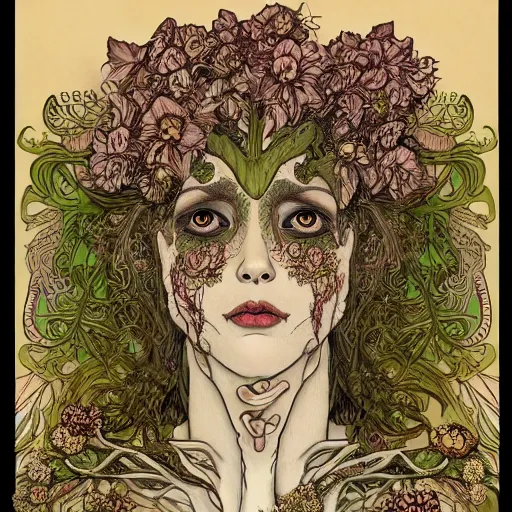 Image similar to a beautiful detailed front view portrait of a rotten woman corpse with fractal plants and fractal flowers and mushrooms growing around, symmetrical, ornate, ornamentation, illustration, in the style of art nouveau, mucha