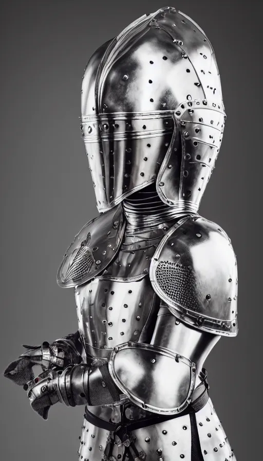 Image similar to female knight, armor created by louis vuitton in collaboration with versace, no helmet, symmetrical, cinematic, elegant, professional studio light, real dlsr photography, sharp focus, 4 k, ultra hd, sense of awe