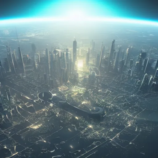 Prompt: view of futuristic city on earth viewed from space 4k photo