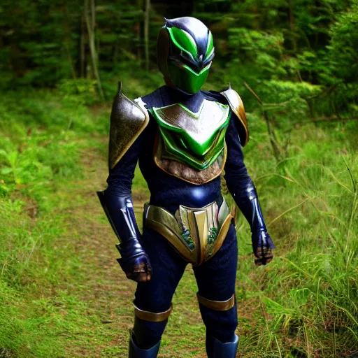 Prompt: High Fantasy Kamen Rider, glowing eyes, 4k, forest plains of north yorkshire, daytime, chainmail rubber undersuit, segmented armor, dark blue armor with green secondary color, tokusatsu