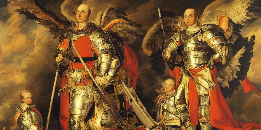 Image similar to painting of prince william, duke of cambridge wearing knight's armor with heavenly angels surrounding him