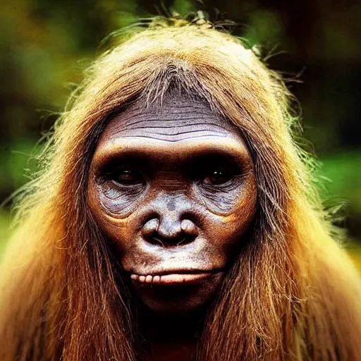 Prompt: “ a primitive pre-human woman Neanderthal looking deeply to the camera, blue eyes, smiling, anthropology photography, color kodakcrhome 64,National Geographic ”