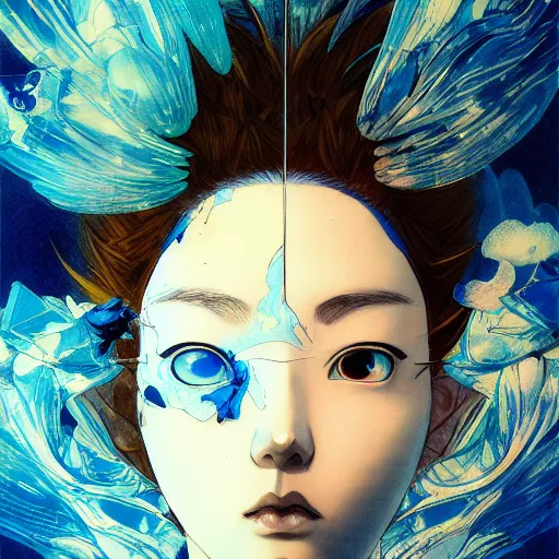 Image similar to prompt : blue portrait soft light painted by james jean and katsuhiro otomo and erik jones, inspired by evangeleon anime, smooth face feature, intricate oil painting, high detail illustration, sharp high detail, manga and anime 1 9 9 0