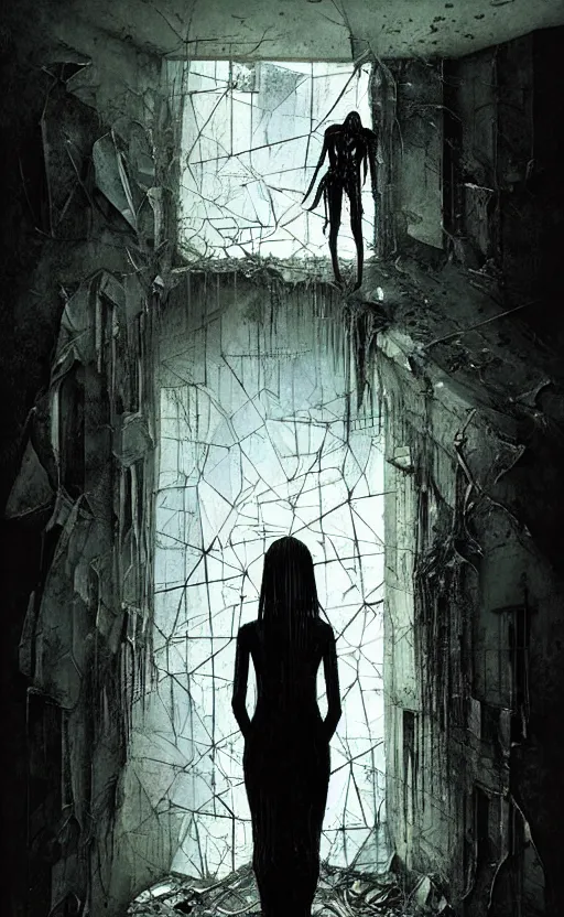 Image similar to vertical movie frame portrait of girl inside abandoned bedroom, ominous backrooms at distance seen through big broken shattered window, giger interior design, architectural design, vintage, liminal aesthetic, dreamcore, weirdcore, clean lines, wide angle, by wayne barlowe, tsutomu nihei, zdzislaw beksinski,