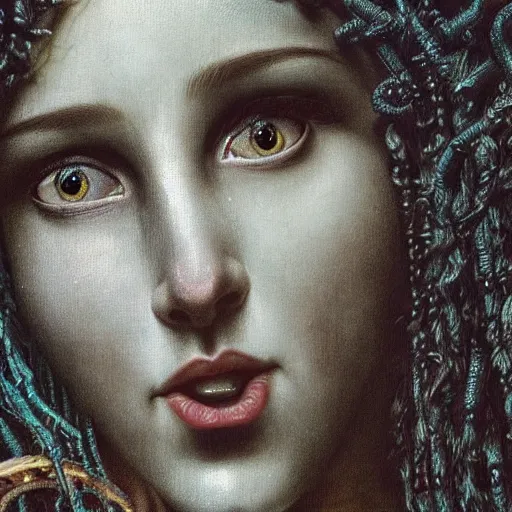 Image similar to intricate detail, hyper detail, drunk woman, very tired, wearing full body mans suite, hazel green eyes, teal eyebrows, with aqua neon rapunzel dreadlocks, detailed, by h. r. giger and bouguereau, masterpiece, sharp focus,