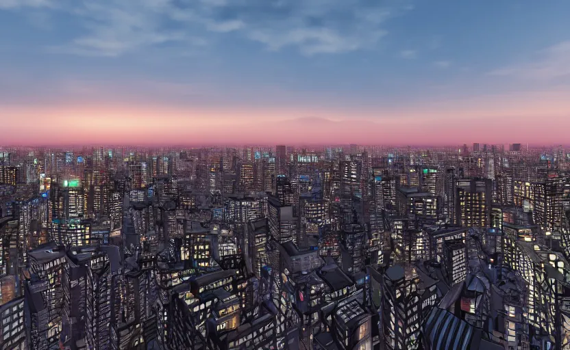 Image similar to unreal engine 5 hdr render of tokyo city from a rooftop view, sunset lighting, hyper realism, realistic shading, cinematic composition, blender render, octane render, hdr, detailed textures, photorealistic, ultrawide shot, 1 6 mm lens