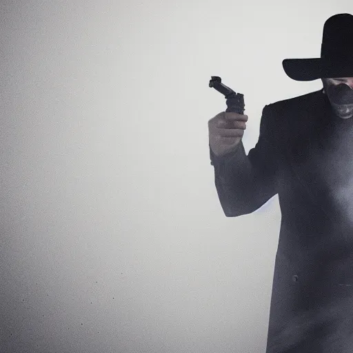 Image similar to mysterious man in black suit and black hat, he has a pistol, smoke, fog, mysterious, 4 k, highly detailed, digital art, strong shadows, high contrast, epic scene, atmospheric, blue colours