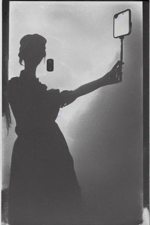 Image similar to 1 9 0 0 s photo of a person taking a selfie with an iphone photo grain double exposure masterpiece