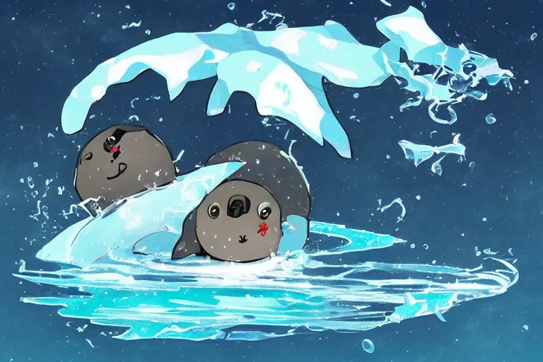 Image similar to “baby seal mecha swimming through Arctic Ocean, anime style”