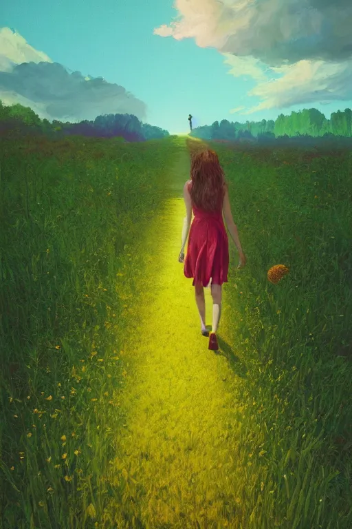 Image similar to giant corn flower head, girl walking in a green valley, surreal photography, sunrise, dramatic light, impressionist painting, colorful clouds, digital painting, artstation, simon stalenhag