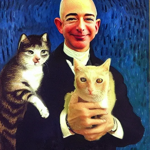 Image similar to a beautiful oil painting of jeff bezos holding a cat, 8k , award winning , made in 1800's , old , painted by vincent van gogh