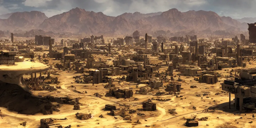 Prompt: a photo of a place where the desert meets the ocean, incredible vista of an advanced city next to a ruined city, a sole survivor looks into the camera, fallout new vegas, mass effect, no man's sky, tarot card, mystical, concept art, art station