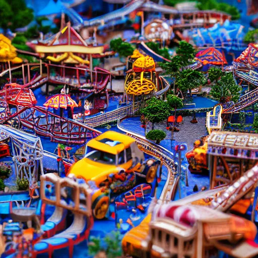 Prompt: a macro photo of a very detailed miniature model of an amusement park, close - up, intricately detailed buildings, cars and people, intricately detailed markings, intricate textures, warm lighting, vivid colors, realistic octane render, hyper realistic render, volumetric shading, depth of field, raytracing, 8 k,