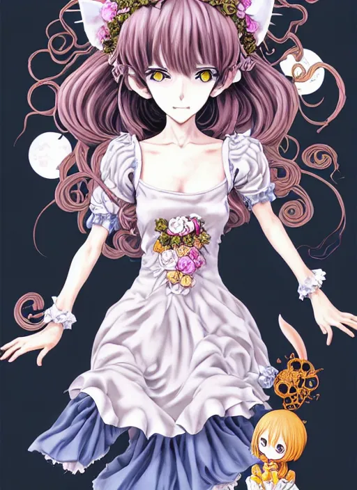 Image similar to fantastic manga character design of beautiful cat girl witch with a robot, curls hair, rococo ruffles dress, rosette, symmetrical face, cute, fairy, by mai yoneyama, takeshi obata, katsuhiro otomo, kelly mckernan, detailed background, illustration, artstation, concept art, highly detailed, colorful, maximalist