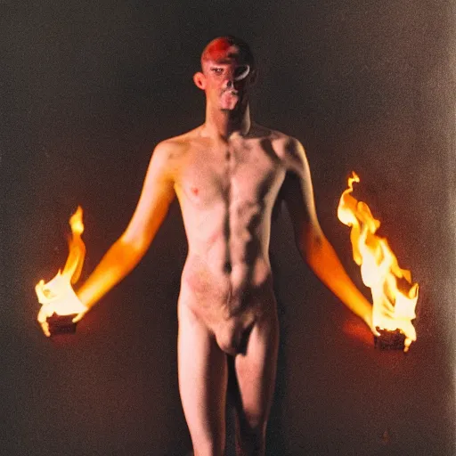 Prompt: realistic expired kodak film full body portrait of an fire performer,, hyperrealism, hypermaxiymalism, photorealistic, detailed, atmospheric, 8 k, award winning photography, cinematic